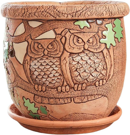 Ceramic Pot with Drainage Hole and Saucer, Plant Pots, Modern Decorative Planters for House Plants Indoor Flowers Plants, Cute Flower Pot - Gifts (Owls (1.6 L))