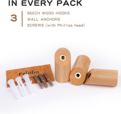 Wood Hooks, 3 Pack Wall Hooks Heavy Duty Rustic Coat Hooks Wall Mounted, Decorative Hooks for Hanging Coats Hats Towels Robes Hat Rack for Wall (Beech Wood)