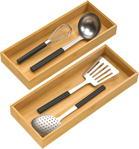 Bamboo Drawer Organizer, Stackable Utensil Organizer for Kitchen, Bamboo Storage Box Wood Silverware Tray for Drawer 15" x 6" x 2" Set of 2