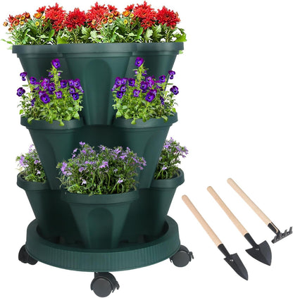 Vertical Planter 3 Tier Stackable Planters Garden Planters Strawberry Herb Flower and Vegetable Planter Indoor Outdoor Gardening Pots with Removable Wheels and Tools