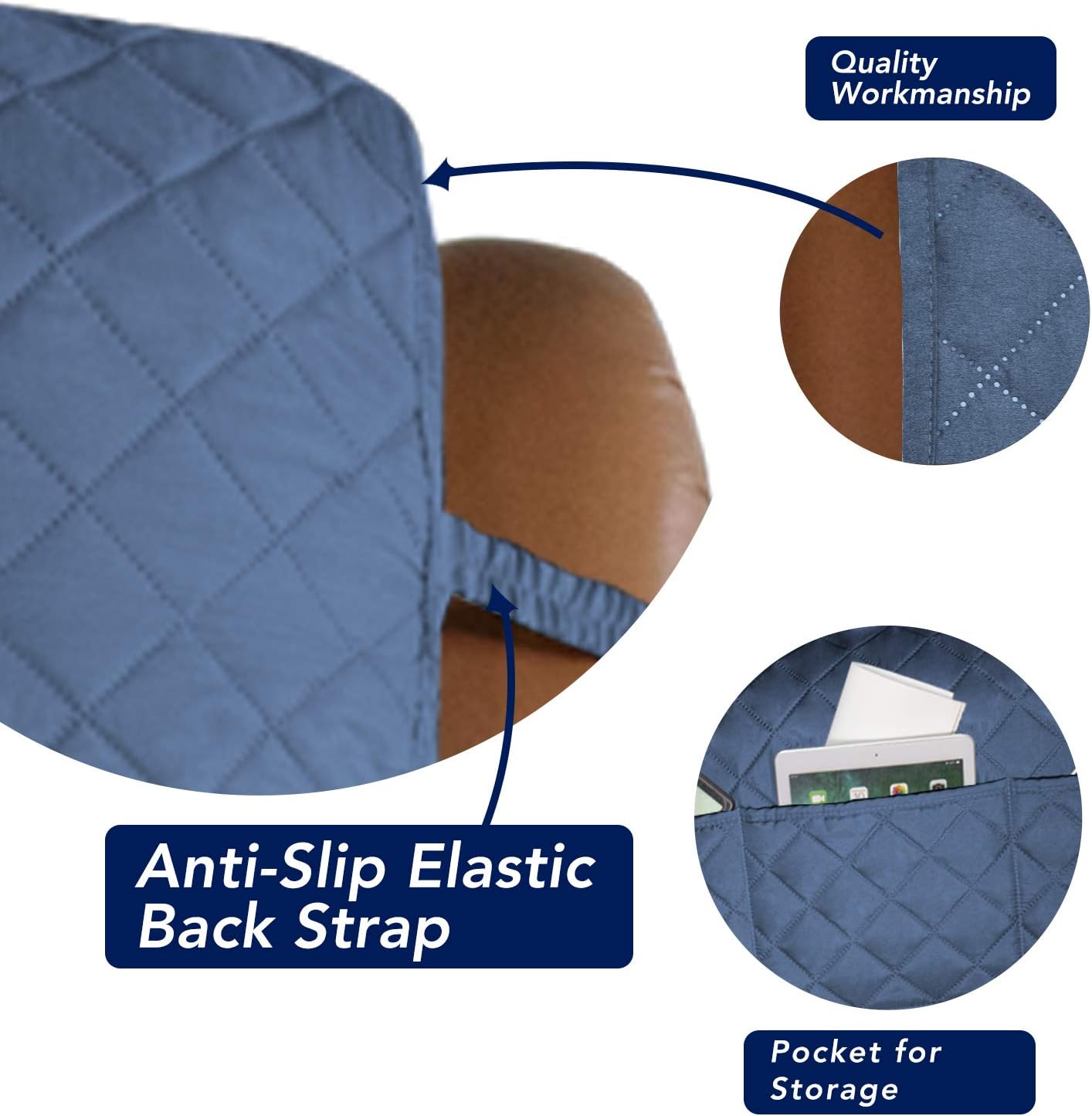 PureFit Reversible Quilted Sofa Cover, Water Resistant Slipcover Furniture Protector, Washable Couch Cover with Non Slip and Elastic Straps for Kids, Dogs (Oversized Recliner, Dark Blue/Light Blue)