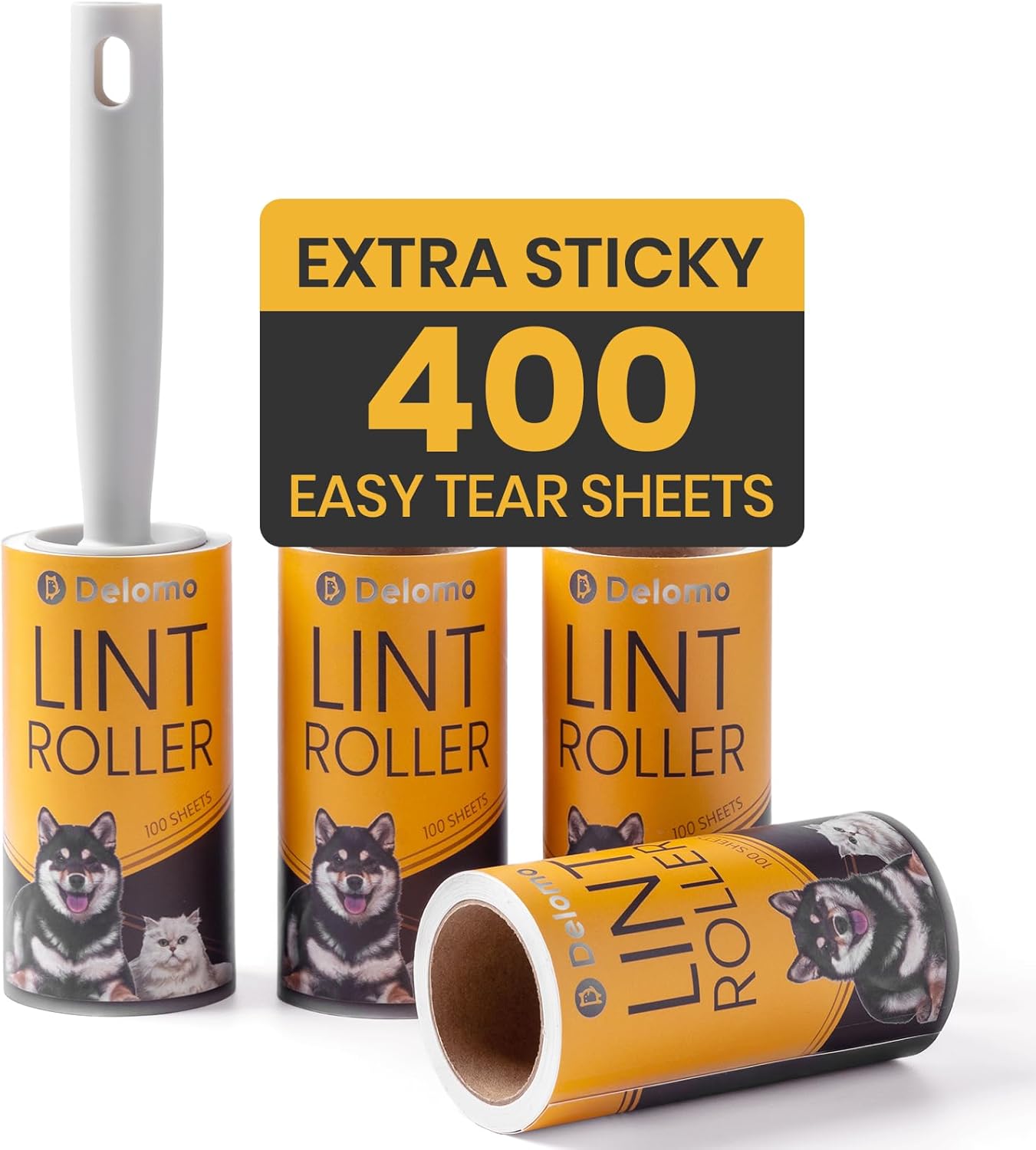 DELOMO Pet Lint Roller for Clothes – Lint Rollers for Pet Hair Extra Sticky, Mega Value Set of 400 Sheets (1 Roller + 3 Refills), Dog Cat Hair Remover for Couch, Furniture, Keep Your Home Tidy