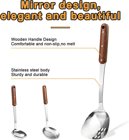 FJNATINH Stainless Steel Wok Spatula,Ladle,Skimmer Ladle Tool Set,Mirror Polished Cooking Utensils with Wooden Handle,Easy to Clean Wok Accessories,Sliver 3 PCS