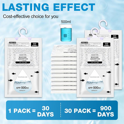 Nuanchu 30 Pack 500 ml Moisture Absorber Hanging Closet Dehumidifier Bags Unscented Hanging Humidity Absorber Desiccant Moisture Absorb in Wardrobes Bedrooms Bathrooms Kitchen