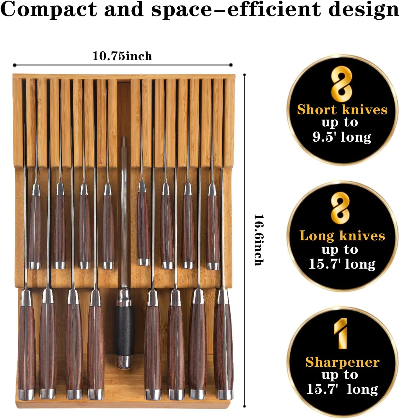 Bamboo Kitchen Drawer Knife Holder, In-drawer Knife Block, Knife Drawer Organizer fit for 16 knives and 1 steel sharpening