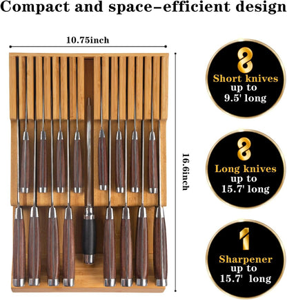 Bamboo Kitchen Drawer Knife Holder, In-drawer Knife Block, Knife Drawer Organizer fit for 16 knives and 1 steel sharpening
