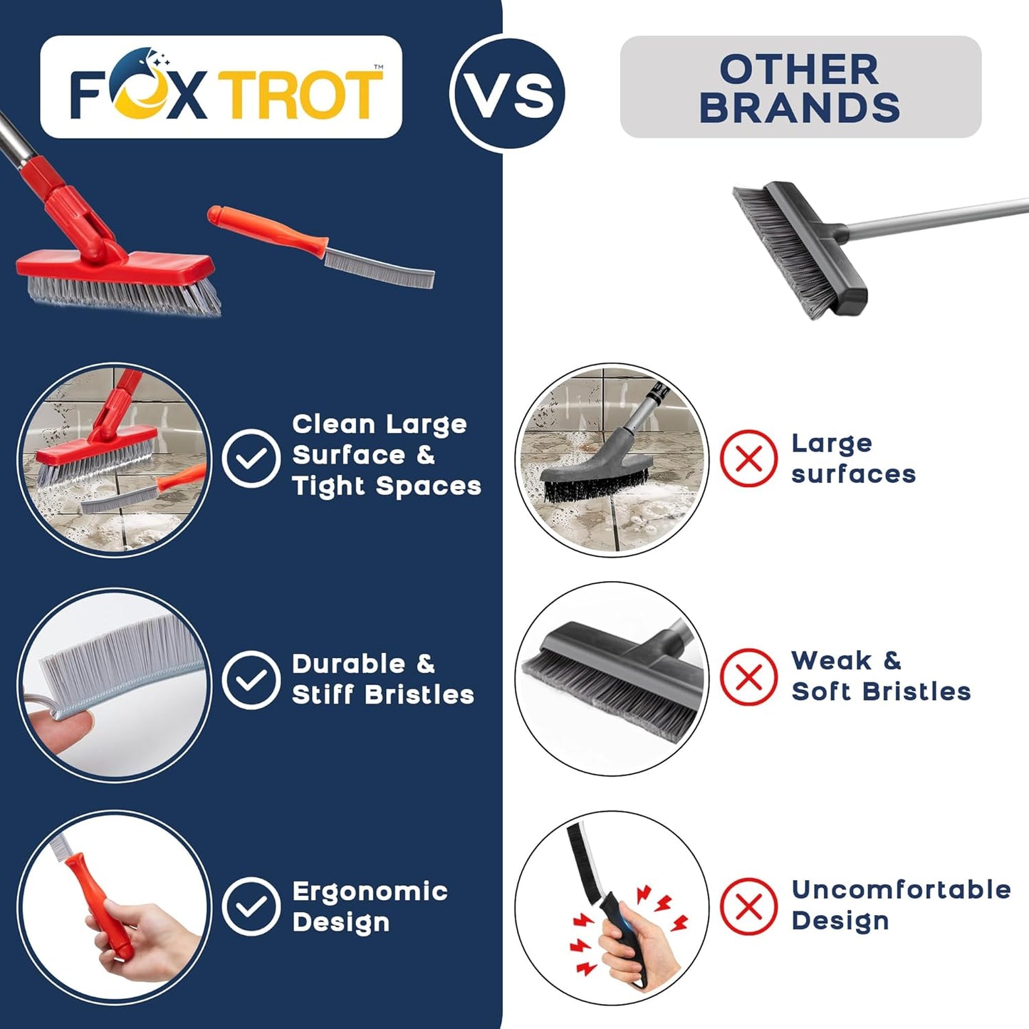 Grout Brush with Long Handle & Hard Bristle Crevice Cleaning Brush, Grout Cleaner for Tile Floors, Floor Scrubber for Tile Grout Line, Household Use, Multipurpose Gap Cleaning Tools by Foxtrot Living