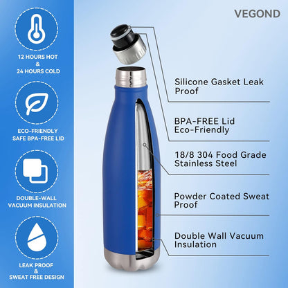 VEGOND 17oz Stainless Steel Water Bottles, Reusable Metal Sports Water Bottle Keeps Drink Hot and Cold, BPA Free Double Wall Vacuum Cola Shape Insulated Water Bottle for Camping Gym, 1 Pack