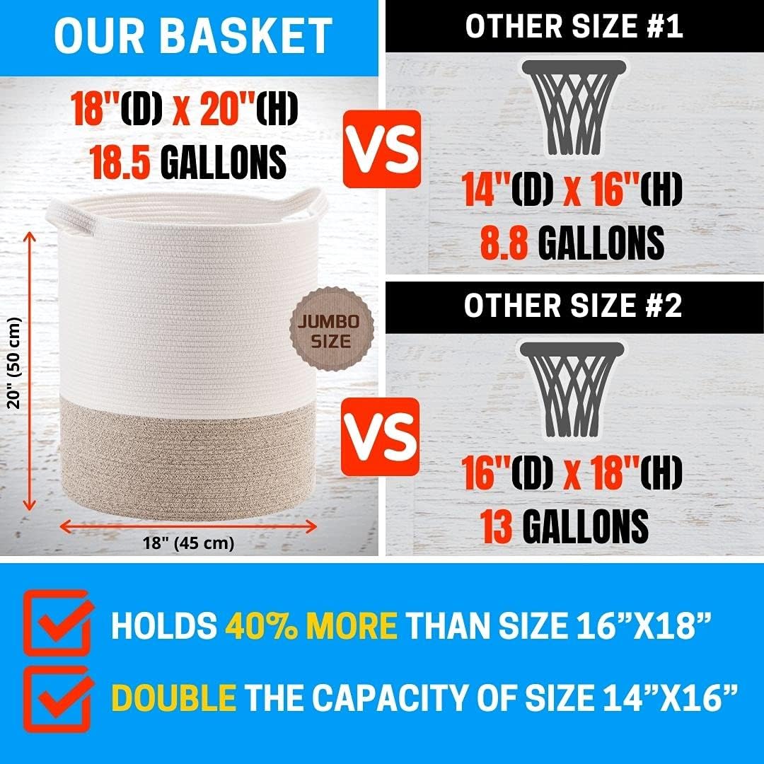 MINTWOOD Design 83L Extra Large 20x18 Inches Decorative Woven Cotton Rope Basket, Tall Laundry Basket Hamper, Blanket Basket for Living Room, Round Storage Baskets for Pillows, Towels, Light Brown