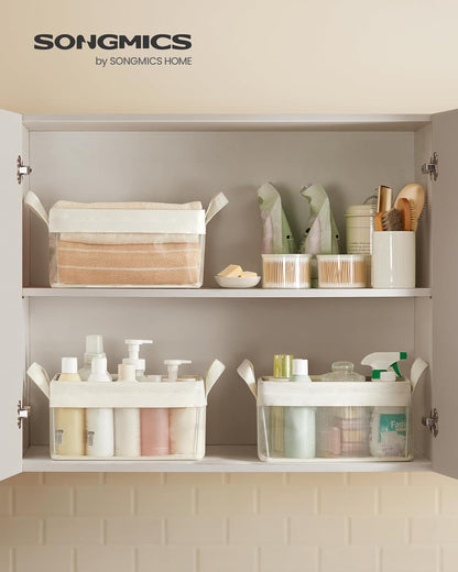 SONGMICS Storage Bins Set of 3, Small Fabric Storage Baskets, Foldable Organizer with Transparent Nylon Mesh, 11.8 x 7.9 x 5.9 Inches, Handles, for Bathroom, Kitchen, Cream White URFB915W01