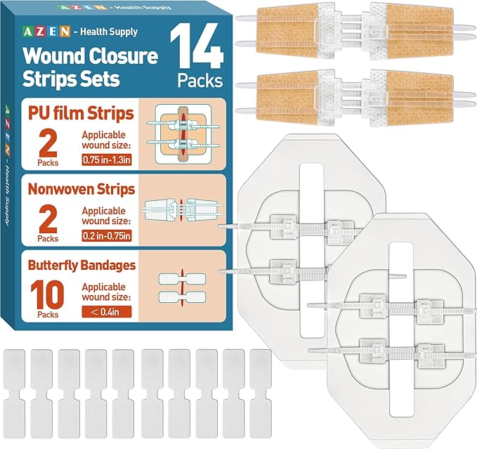 AZEN 14 Pack Emergency Wound Closure Strips, Butterfly Bandages, Emergency Laceration Closure Kit, Repair Wounds Without Stitches, Quick Clot Zip Stitch Wound Closures Device