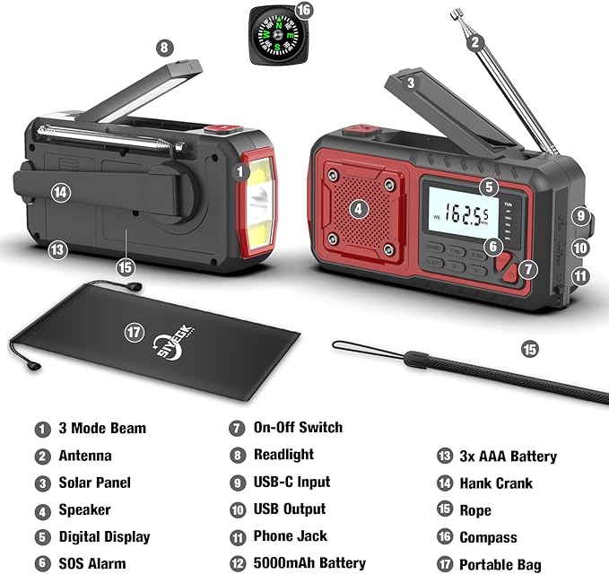 Crank Emergency Radio 5000mAh, Weather Radio, Solar Radios Battery Operated, NOAA/AM/FM Weather Alert Radios with Power Phone Charger, SOS Alarm, Flashlight & Reading Lamp Indoor Outdoor (red)