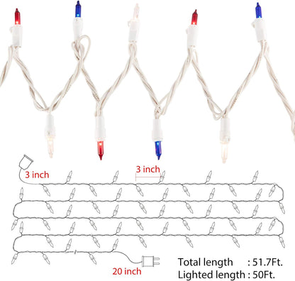 4th of July Decoration Patriotic Mini Lights - 200 Count 50 Feet Red White Blue Incandescent Bulb Waterproof String Lights Plug in for Indoor Outdoor Christmas Party Patio Independence Day Decoration