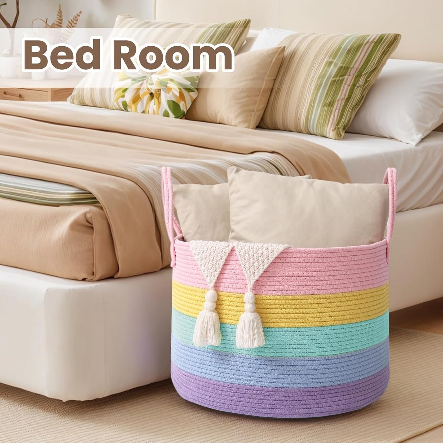 Woven Blanket Basket,65L Large Rope Storage Bin with Handles, Organizer for Blankets Toys Book and Clothes, Laundry Basket for Living Room Bedroom Nursery,Rainbow