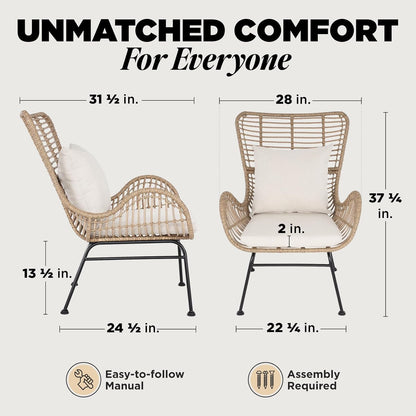 IDZO Isabelle Upgraded 2000 Hours UV Wicker Chairs Outdoor Set of 2, 500 lbs Capacity Outdoor Patio Chair, All-Weather Club Chair with Water-Resistant Olefin Cushions, Boho Style, Beige