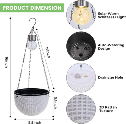 Hanging Pots for Plants Outdoor - 2 Pack White Artificial Rattan Solar Flower Baskets with Drainage Holes & Removable Tray, Garden Gifts for Women/Mothers, Porch, Balcony Decor