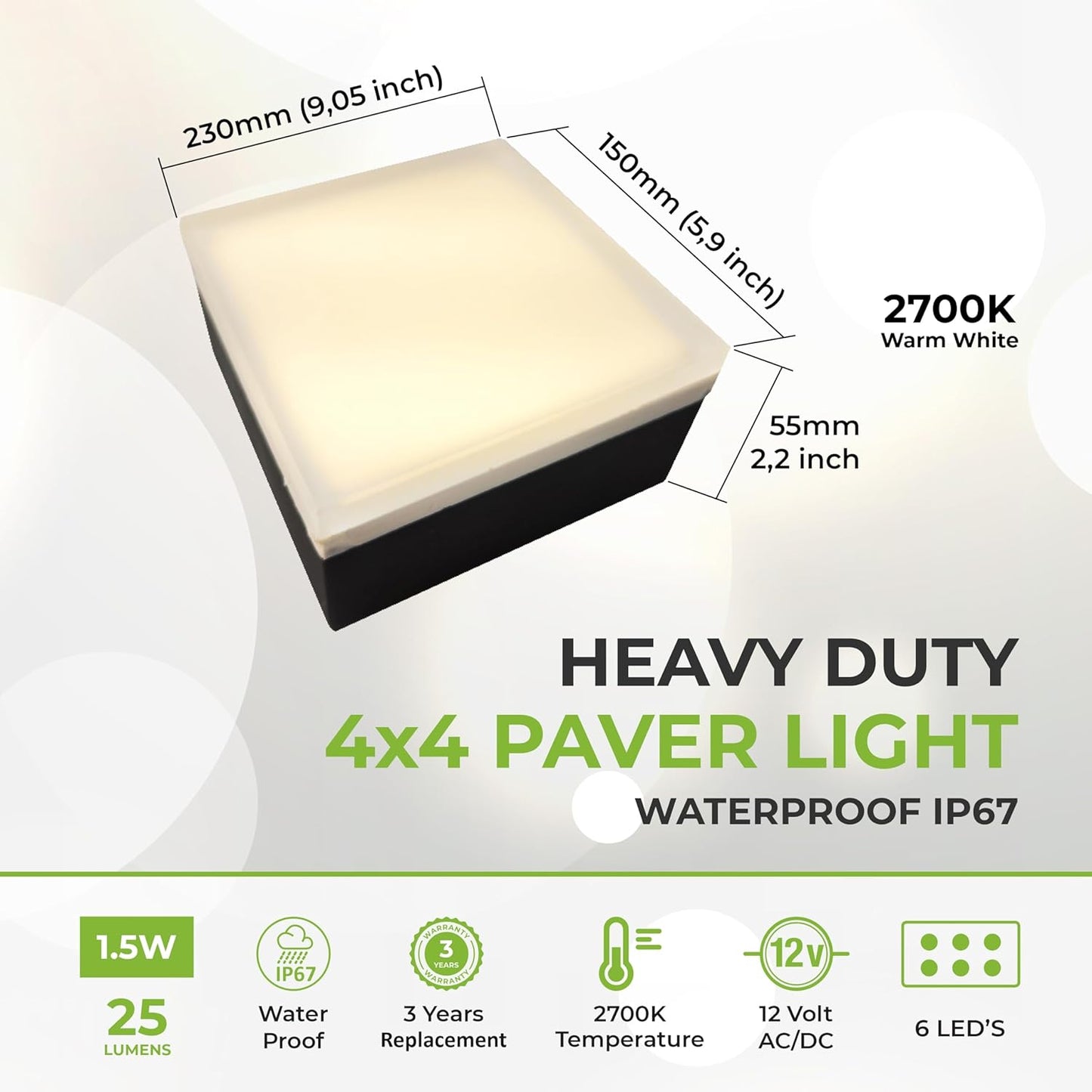 Paver Light 4×4 Inch (3.93 X 3.93 inch), Warm White 2700K Glare-Free Illumination for Driveways, Pathways, Pool Deck & Patios,12V AC/DC, Waterproof & Drive-Over Rated