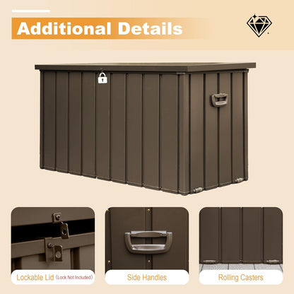 Domi 200 Gallon Deck Box, Outdoor Metal Lockable Storage Cabinet, Waterproof Steel Outdoor Bench with Lockable Lid, Side Handles & Rolling Casters for Outside Cushions, Pillows, Garden Tools, Brown
