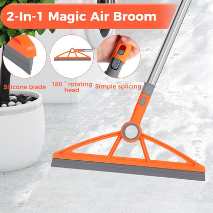 2-in-1 Air Broom, 180° Rotating 54 Inch Adjustable Silicone Rubber Broom Includes 2 Scraping Strips, Sweep and Silicone Tools with Long Handle for Cleaning Bathrooms,Glass,Tiles,Pet Hair
