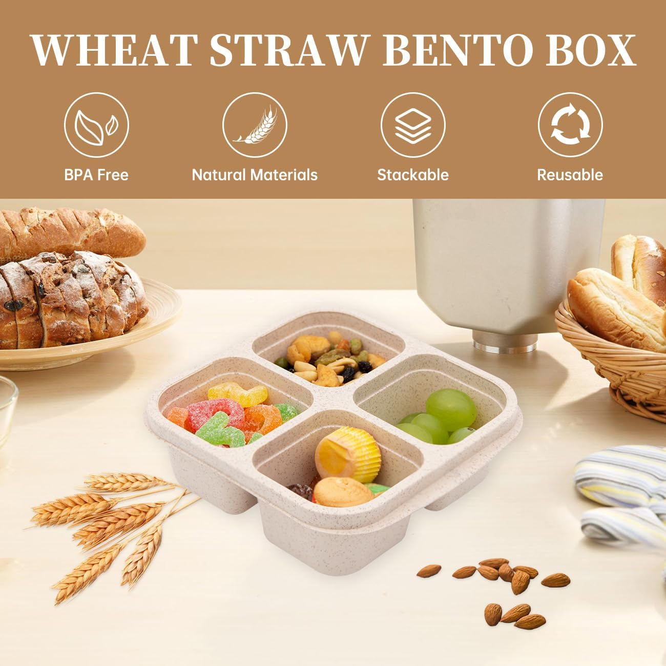 4 Pack Bento Lunch Box，4 Compartment Snack Containers，Divided Bento Snack Box，Meal Prep Containers Kids/Toddle/Adults,Food Storage Containers for School, Work and Travel