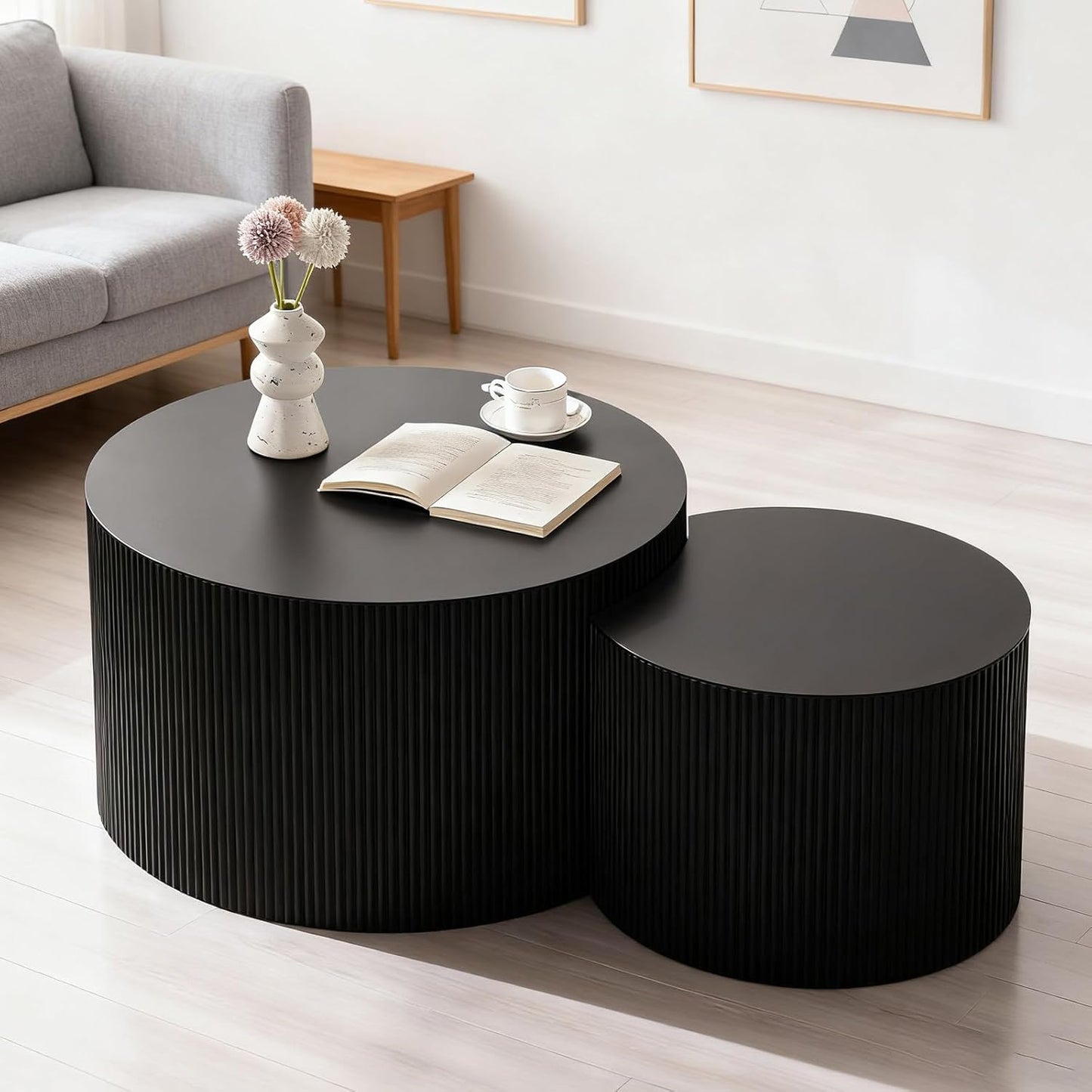 Round Nesting Coffee Table Modern Black Fluted Coffee Table Set of 2 Stripe Round Coffee Tables Drum Crescent Side Table Accent End Table for Living Room (Black B Large)