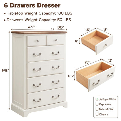 T4TREAM 6 Drawers Dresser Chests for Bedroom, 48" Tall Rustic Chset of Drawers, Wood Dressers Organizer for Bedroom, Living Room,Hallway, Antique White