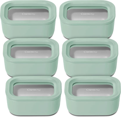 Caraway 6pc Glass Food Storage Set - 2.6 Cup Storage Containers For Food (6) - Non-Toxic Ceramic-Coated Glass - Air Release Technology - Compact & Stackable Design - Mist