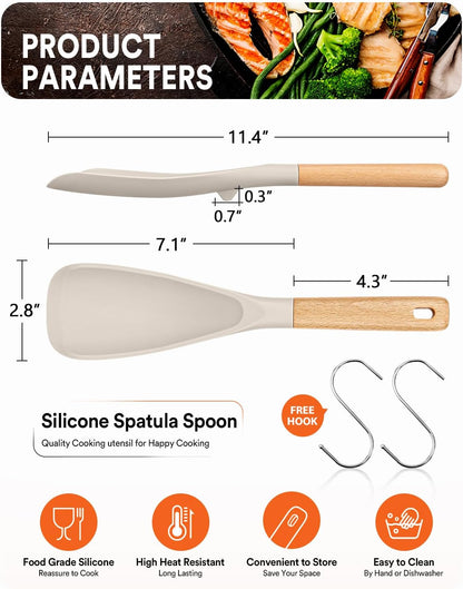 Cooking Spoon for Nonstick Cookwares, Great for Cooking and Serving Sturdy BPA-Free Matte Silicone, Wood Handle Spoon for Mixing, Scoop, and Scrape (2 Pack of Khaki, 11.4 inch)