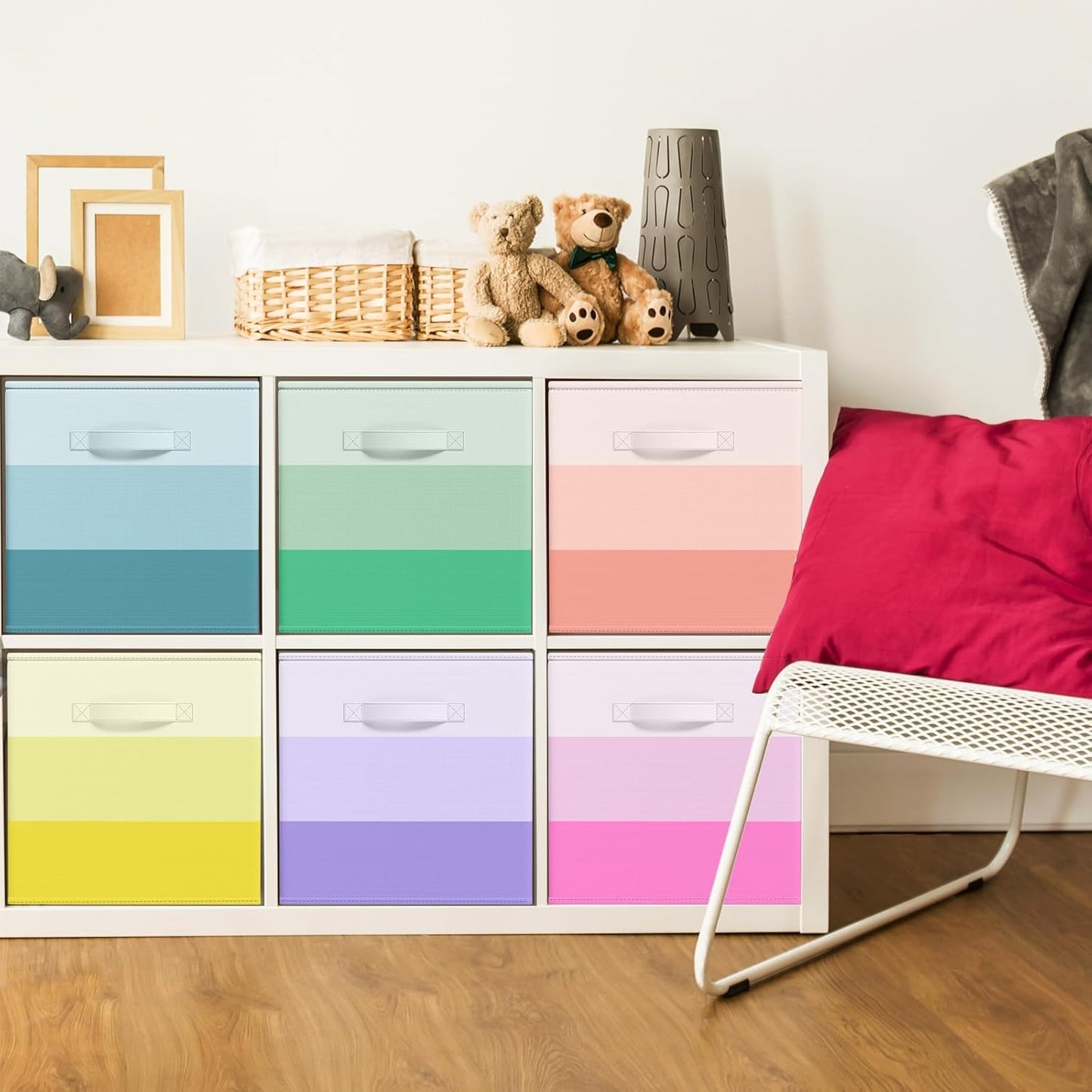 6 Pcs Fabric Storage Cubes Bins with Metal Handle 11 Inch Macaron Colored Striped Style Collapsible Bins Cube Storage Organizer for Clothes Books Kids Room Closet and Toys