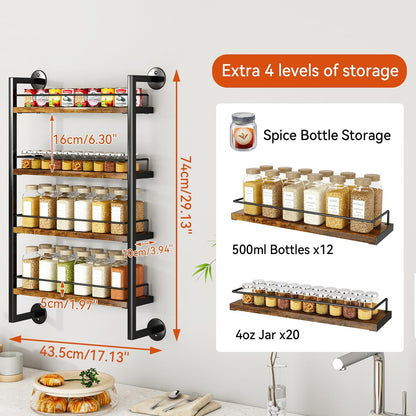 IBUYKE Spice Rack Wall Mount,4 Tier Hanging Seasoning Organizer,Large Spice Rack for Wall for up to 50 Jars,Spice Organization for Kitchen Cabinet,Bathroom,Pantry,Living Room,Brown TLJ016H