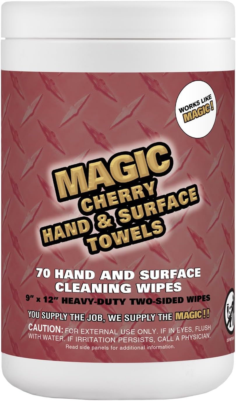 Magic Cherry Scented Heavy Duty Cleaning Wipes - Dual Sided Hand & Surface Shop Towels | Professional-grade Cleaning | Waterless | Cleans Grease, Oil, Dirt, & more (6 Pack | 420 Sheets Total)