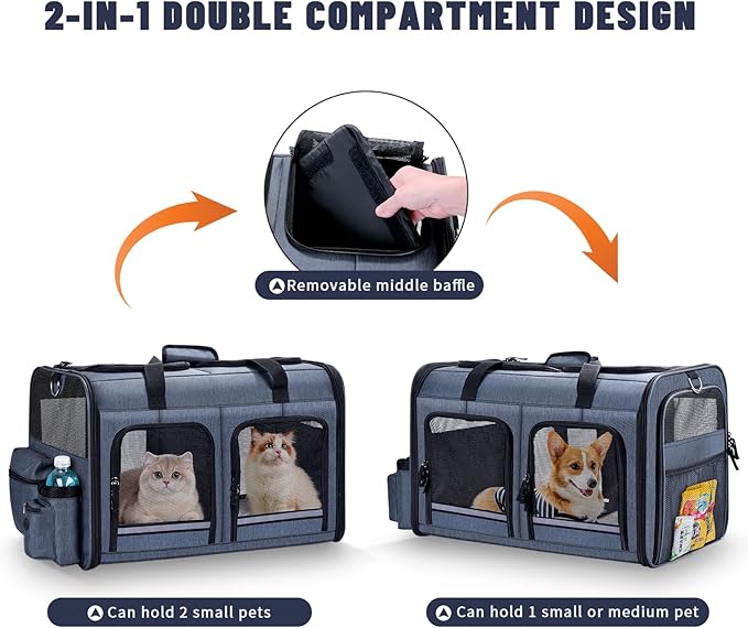 Cat Carrier for 2 Cats, Foldable Double Cat and Dog Carrier, Small to Medium Size, 2 Front Zippered Compartments,Two Pets Carrier for Outdoor Travel,Mulitple Cat Carrier, Grey