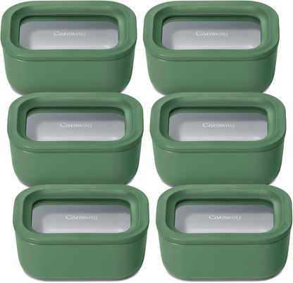Caraway 6pc Glass Food Storage Set - 2.6 Cup Storage Containers For Food (6) - Non-Toxic Ceramic-Coated Glass - Air Release Technology - Compact & Stackable Design - Sage