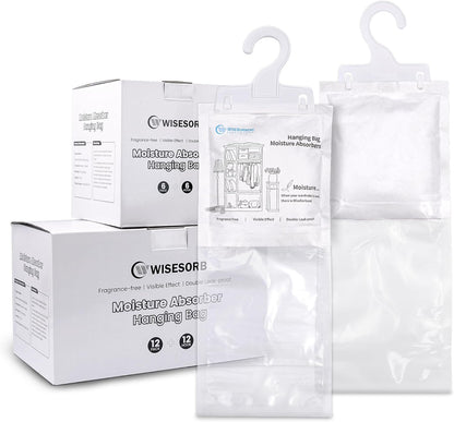 Moisture Absorber Hanging Bags 12 Pack - 7 oz Fragrance-Free Dehumidifier for Closet, Bathroom, Bedroom – Double Leak-Proof Design & Dual-Sided Absorption