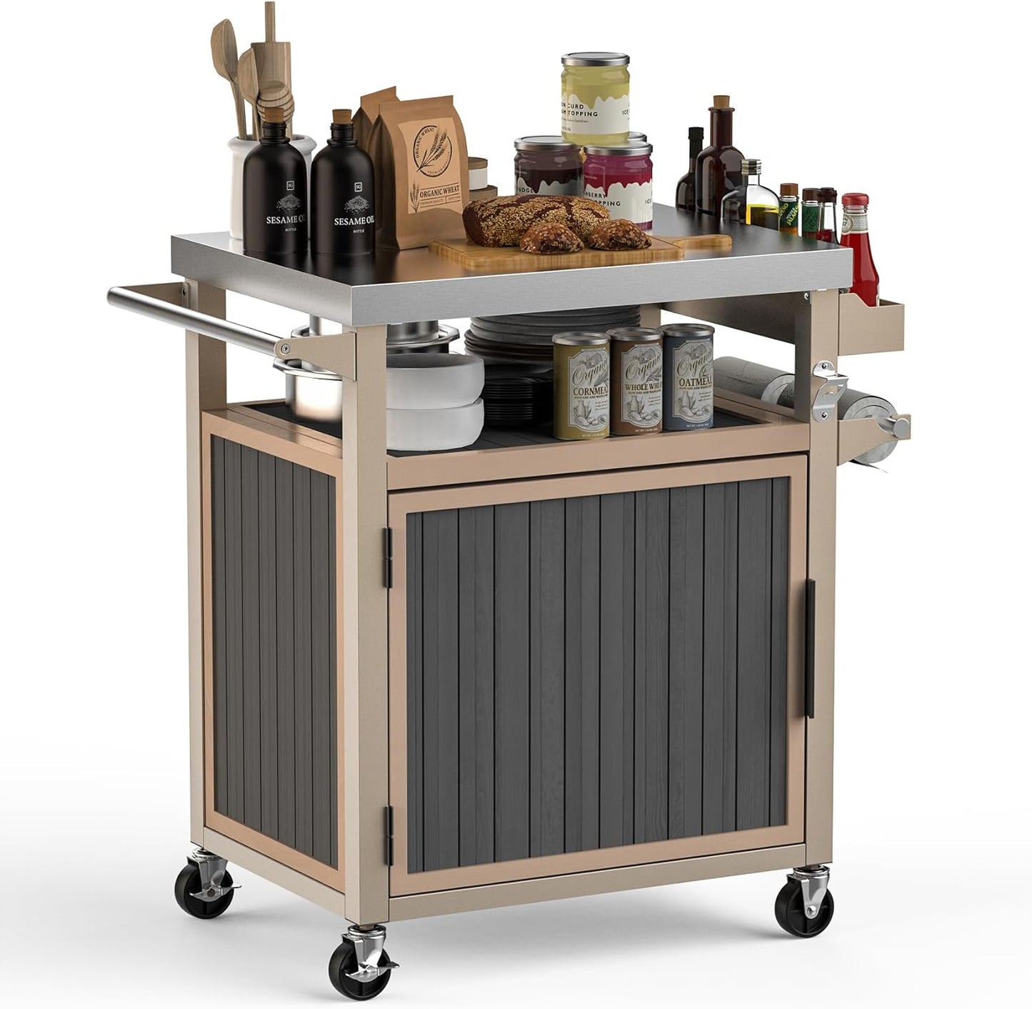Skyflame Outdoor Grill Cart with Storage on Wheels, Rolling Kitchen Island with Stainless Steel Table Top, Multifunctional BBQ Food Prep Table with Magnetic Single Door for Patio Backyard Garden Deck
