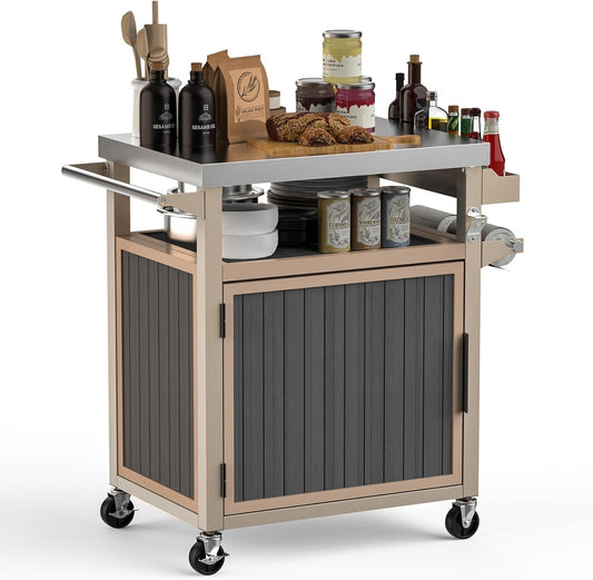 Skyflame Outdoor Grill Cart with Storage on Wheels, Rolling Kitchen Island with Stainless Steel Table Top, Multifunctional BBQ Food Prep Table with Magnetic Single Door for Patio Backyard Garden Deck