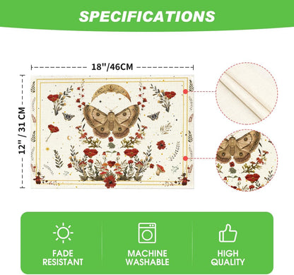 Artoid Mode Beige Poppy Moth Moon Placemats Set of 4, 12x18 Inch Floral Spring Table Mats for Outdoor Home Party Kitchen Dining Decor