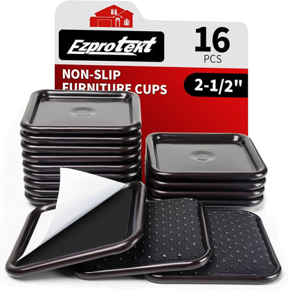 Ezprotekt 2 1/2" Square Non Slip Furniture Pads with Drip Glue Non-Woven Fabric Bottom, 16 Pcs Anti Skid Furniture Coasters Cups Floor Protectors for Bed, Sofa, Table, Chair, Cabinet, Brown/Black