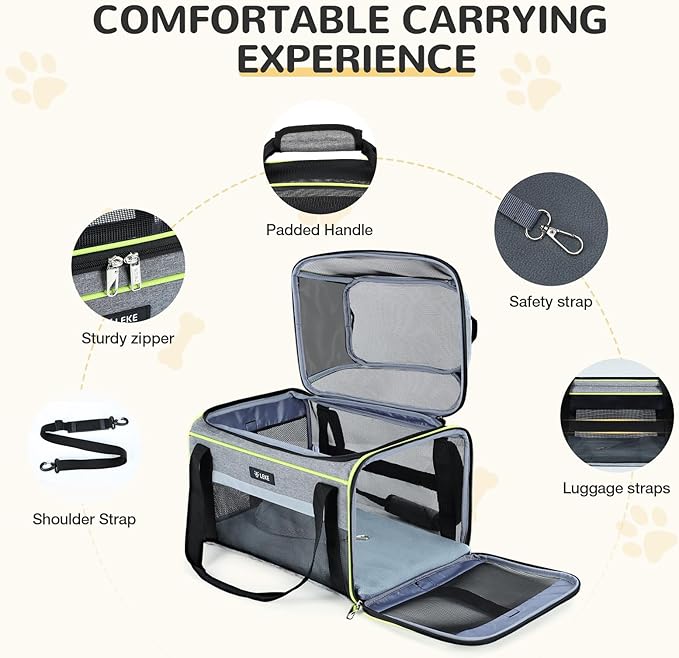 Lekereise Top-Expandable Pet Carrier 18x13x9.5 Inch Southwest Frontier Airline Approved Soft Sided Underseat to 15lbs Travel Carriers for Small Cats Dogs with Locking Safety Zippers Anti-Scratch Mesh