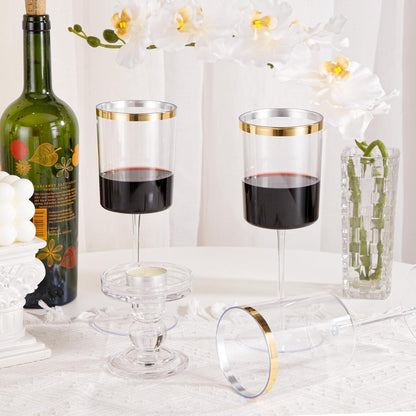 Ciaell 12 Pack Plastic Wine Glasses - 14 Oz Plastic Wine Glasses with Stem - Square Gold Disposable Stemmed Glass for Parties & Weddings & Outdoors & Thanksgiving