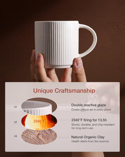 famiware Coffee Mug Set for 4, Star 12 oz Catering Mugs Cup Set with Handle for Coffee, Tea, Cocoa, Milk - Ceramic Stoneware Drinkware Set, Matte White + Matte Black