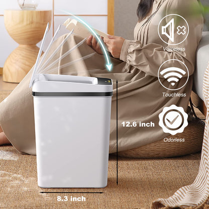 Yatmung 2 Pack - 2.5 Gallon Smart Trash Can Sensor Motion Slim Touchless Bathroom Trash Can - Skinny Trash Bin with Lid - Electric, Narrow, Plastic, Auto Open - Small Automatic Garbage Can (White)