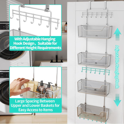 HapiRm Over The Door Organizer - Hanging Door Organizer with 4 Metal Large Capacity Baskets and Adjustable Coat Hook for Bathroom Bedroom Kitchen Pantry Closet Cabinet