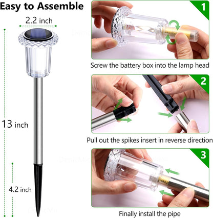 DenicMic Solar Lights Outdoor 10 Pack Waterproof 6000K Cold White LED Stainless Steel Stake for Pathway Yard Garden Driveway Solar Powered Outside Decor