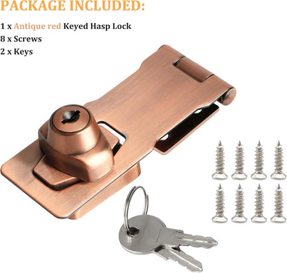 Alise Keyed Hasp Lock,4 Inch Safety Packlock Clasp Hasp Lock Latch with Lock,Door Hinge Lock with Keys Keyed Locking Hasp for Cabinets Closets Doors,Red Bronze
