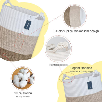 COMSE Extra Large Blanket Basket, Tall Woven Storage Basket, Nursery Hamper, 15.7”x 21.7”, Cotton Rope Laundry Hamper for Toys Clothes Towels, White/Gradient Brown
