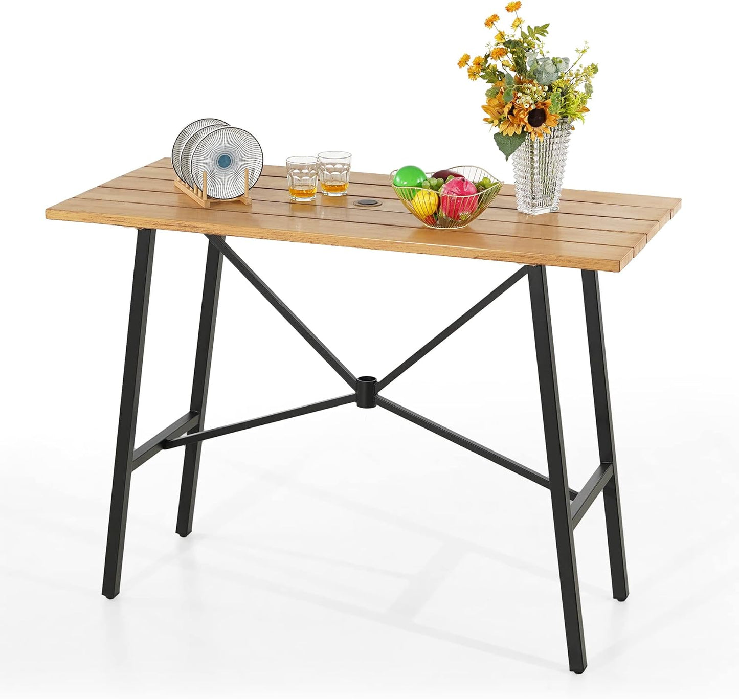 PHI VILLA Bar Height Patio Dining Table, 41" Wood Like Outdoor Bar Table, Rectangle Steel Slatted Bar Dining Table with 1.57" Umbrella Hole for Patio, Garden, Yard, Yellow