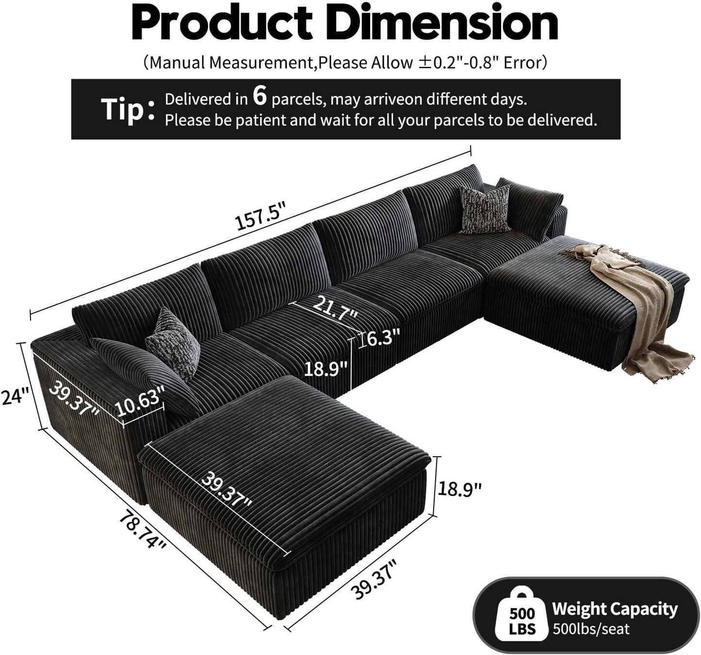 157.5" Cloud Couch Oversized Modular Sectional Sofa for Living Room,Modern Sofa with Deep Seat，U-Shape Boneless Couch with 2 Ottoman,Comfy Upholstered Couches for Apartment, Studio, Office,Black