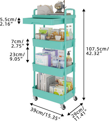 Calmootey 4-Tier Rolling Utility Cart with Drawer,Multifunctional Storage Organizer with Plastic Shelf & Metal Wheel,Storage Cart for Kitchen,Bathroom,Living Room,Office,Green