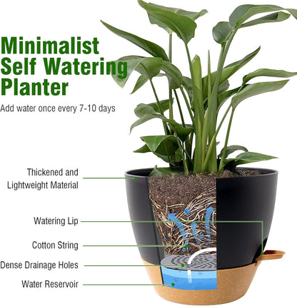 12/10/9 inch Large Self Watering Pots, Planter, Plant Pots with Mesh Drainage Holes for Indoor Outdoor Garden Plants, Plastic Flower Pots with Removable Deep Reservoir, Black with Brown